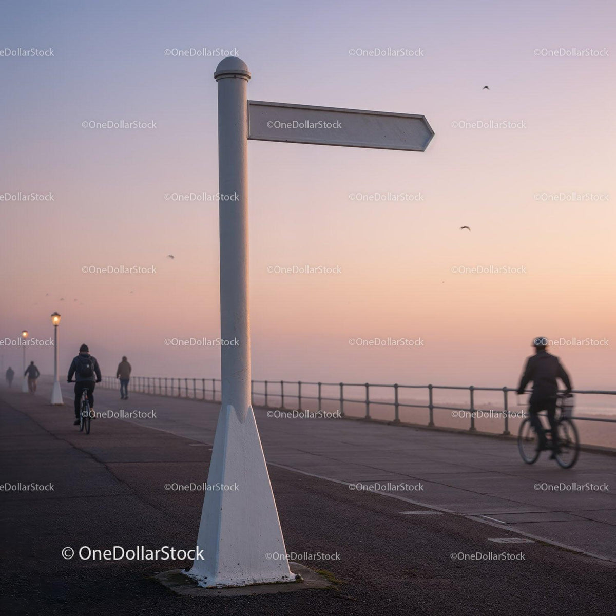 Empty directional signpost by seaside promenade at dusk JPG Mockup Image preview
