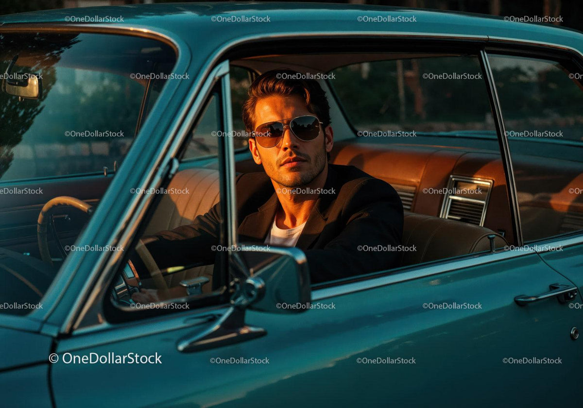 Stylish Man in Sunglasses Sitting in Classic Vintage Car at Sunset Stock Photo Bundle preview 29