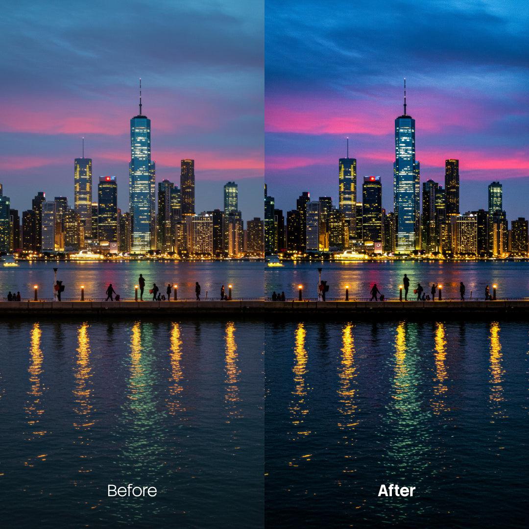 Before and after Cinematic Streets Neon LUT Pack effect