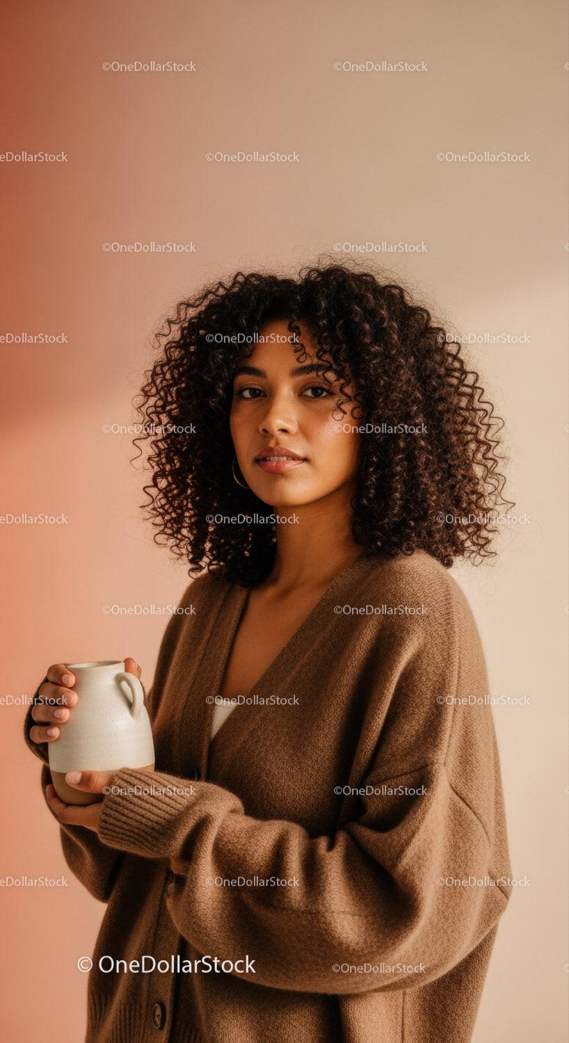 Young Woman with Curly Hair in Cozy Sweater Holding Mug in Indoor Portrait