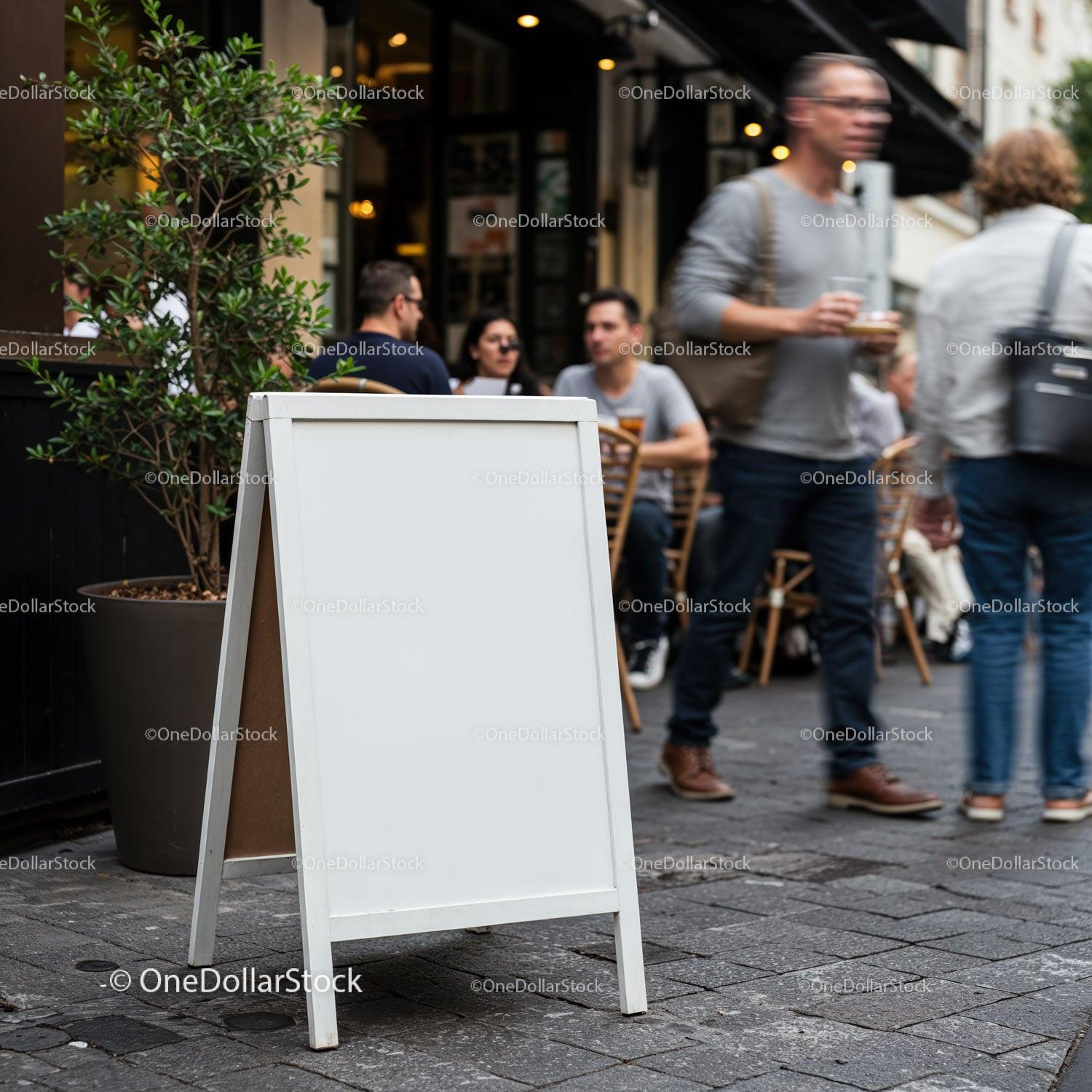 Blank Sidewalk Sign Near Busy Outdoor Café Seating