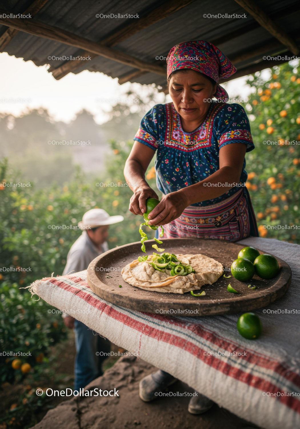 Woman Preparing Traditional Lime-Topped Tortilla Outdoors