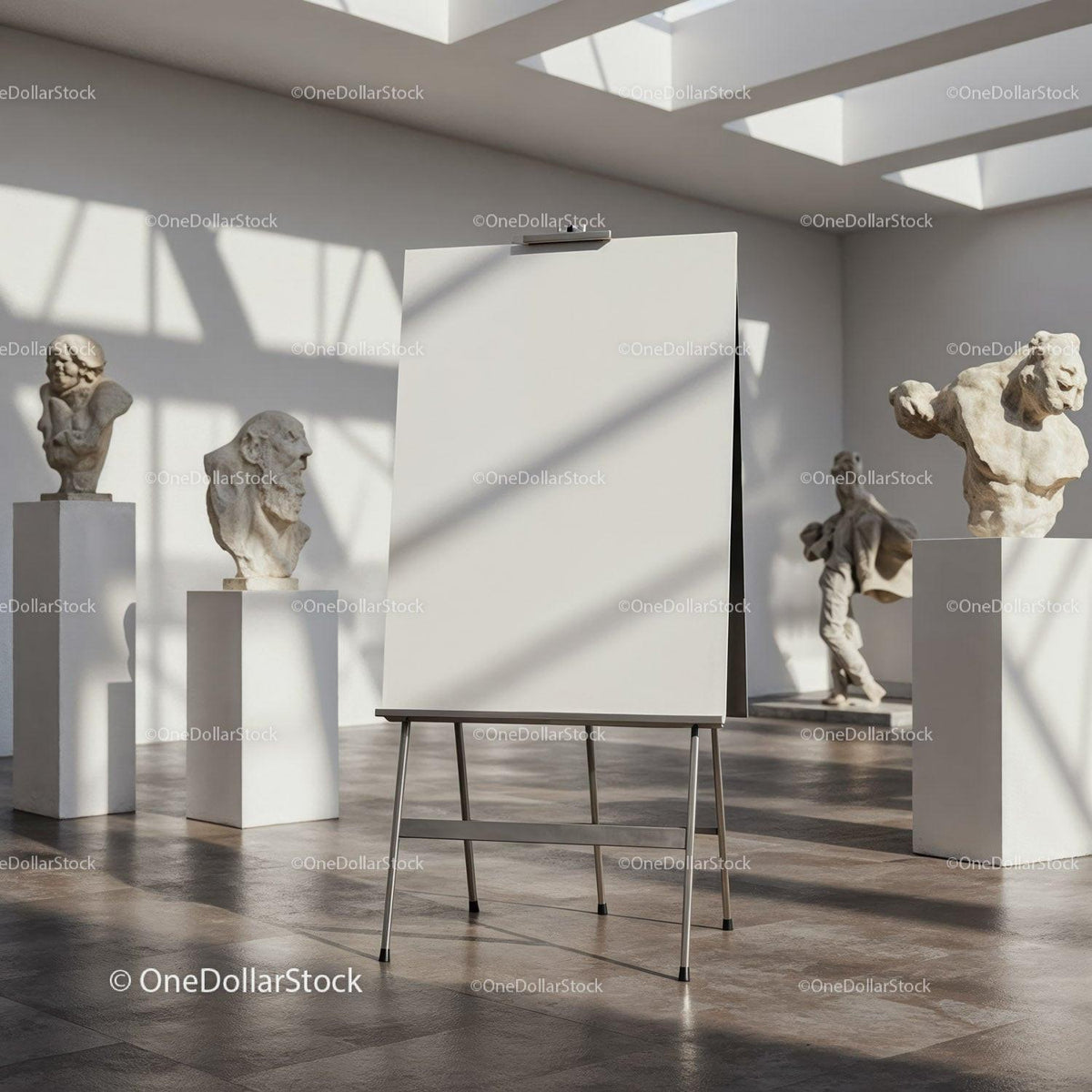 Blank easel in bright modern sculpture gallery space JPG Mockup Image preview