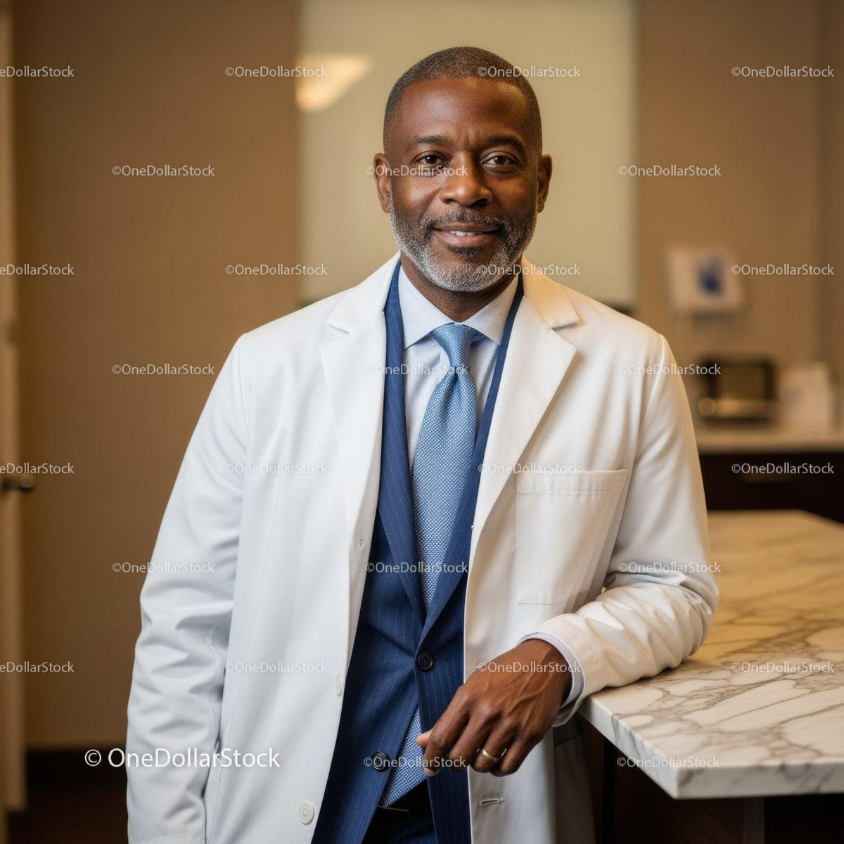 Confident Male Doctor in White Coat Standing in Modern Medical Clinic