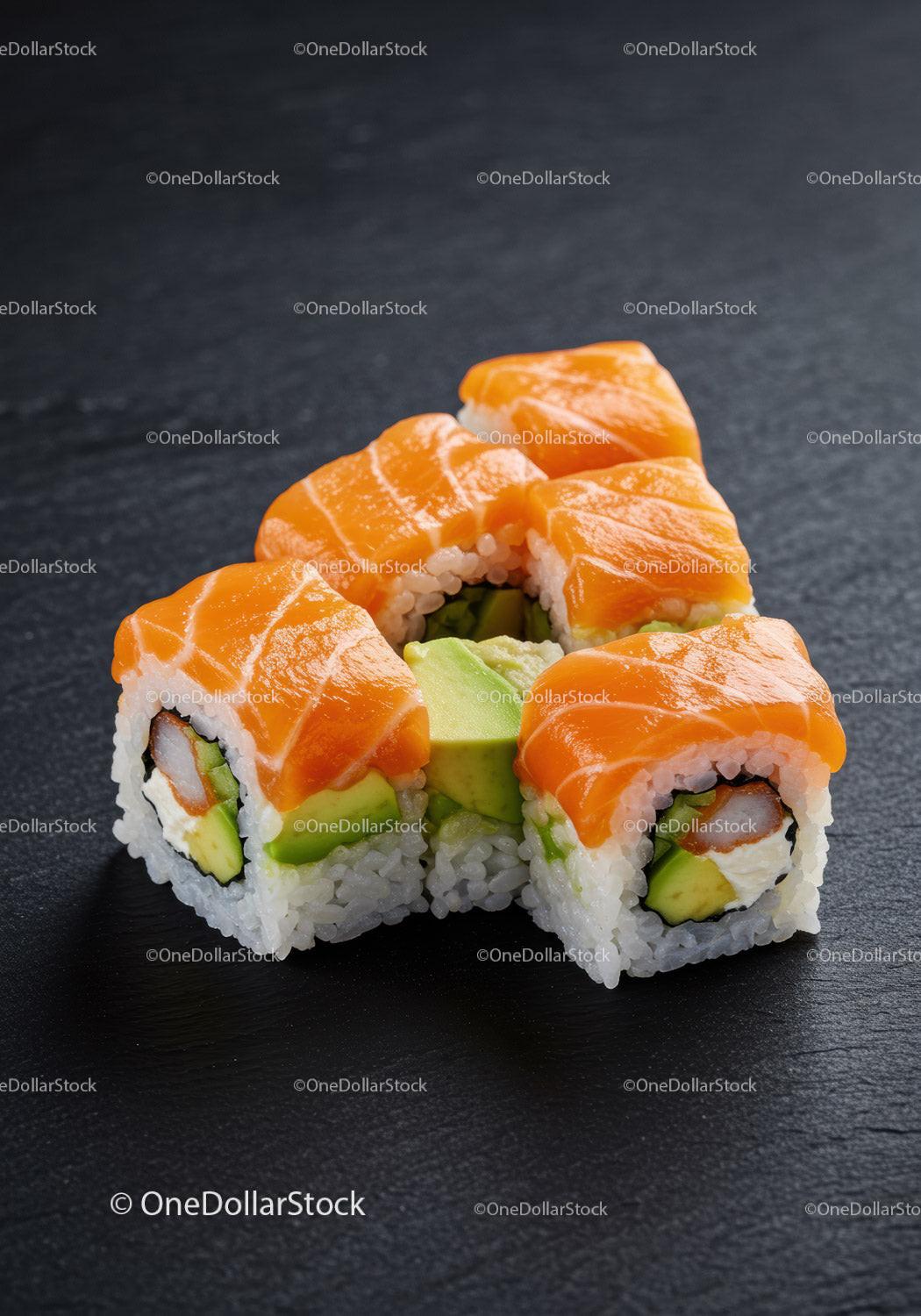 Fresh salmon sushi rolls with avocado on dark slate