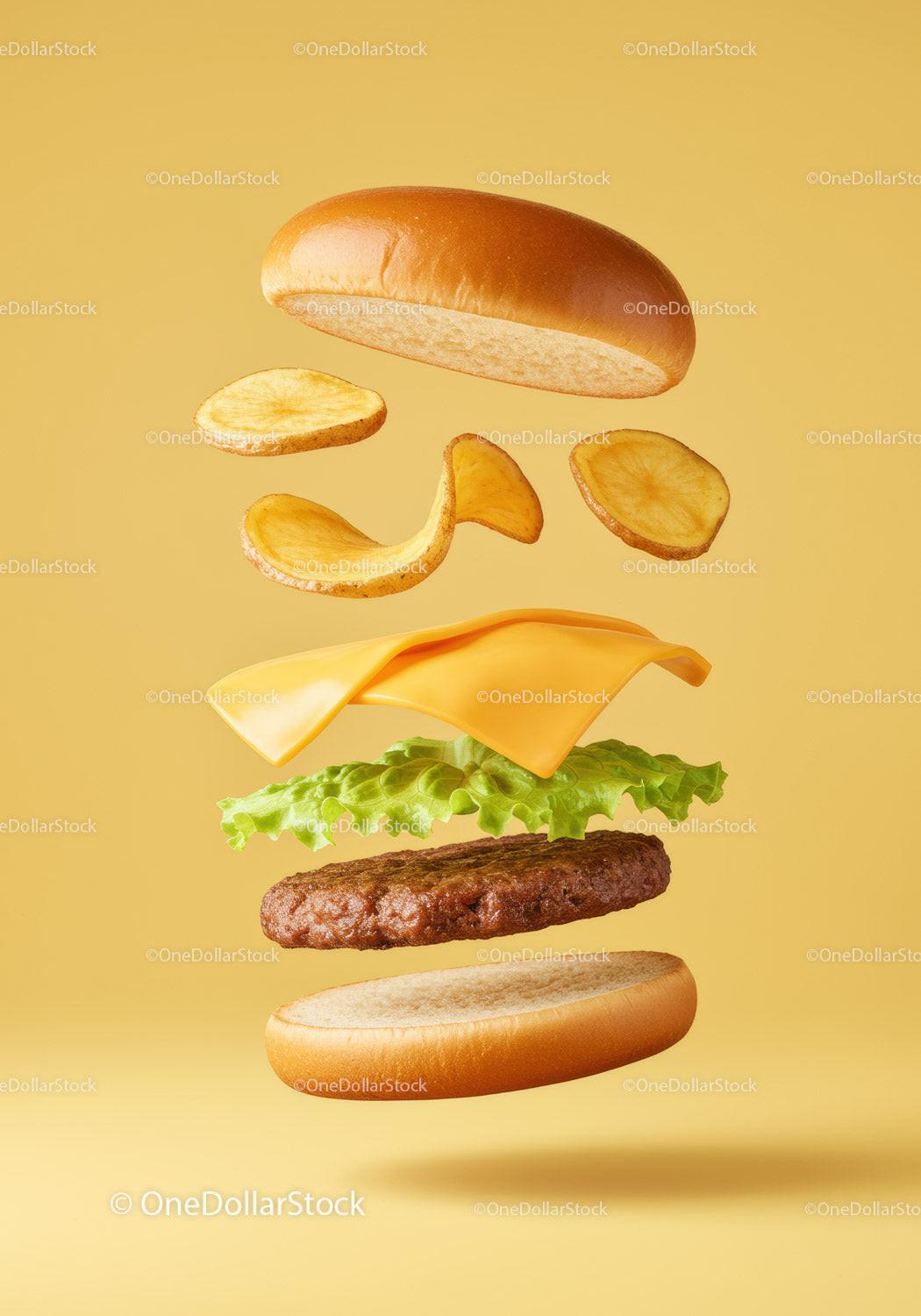 Floating Cheeseburger Layers with Lettuce and Chips
