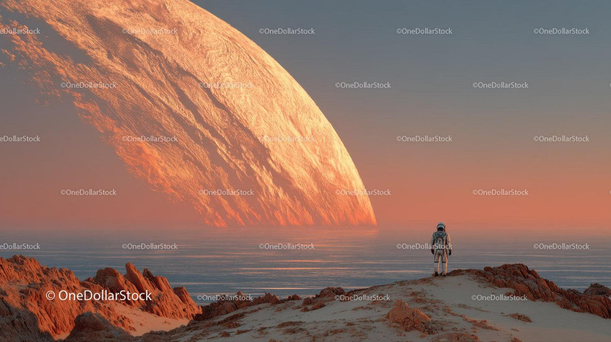 Astronaut Exploring a Surreal Alien Landscape with a Giant Orange Planet Stock Photo Bundle creative preview 4