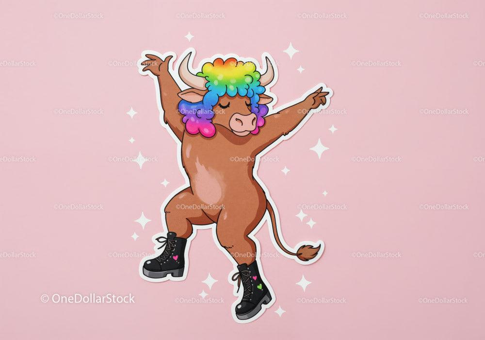 Cartoon brown bull dancing with rainbow afro and black heart sneakers on pink background