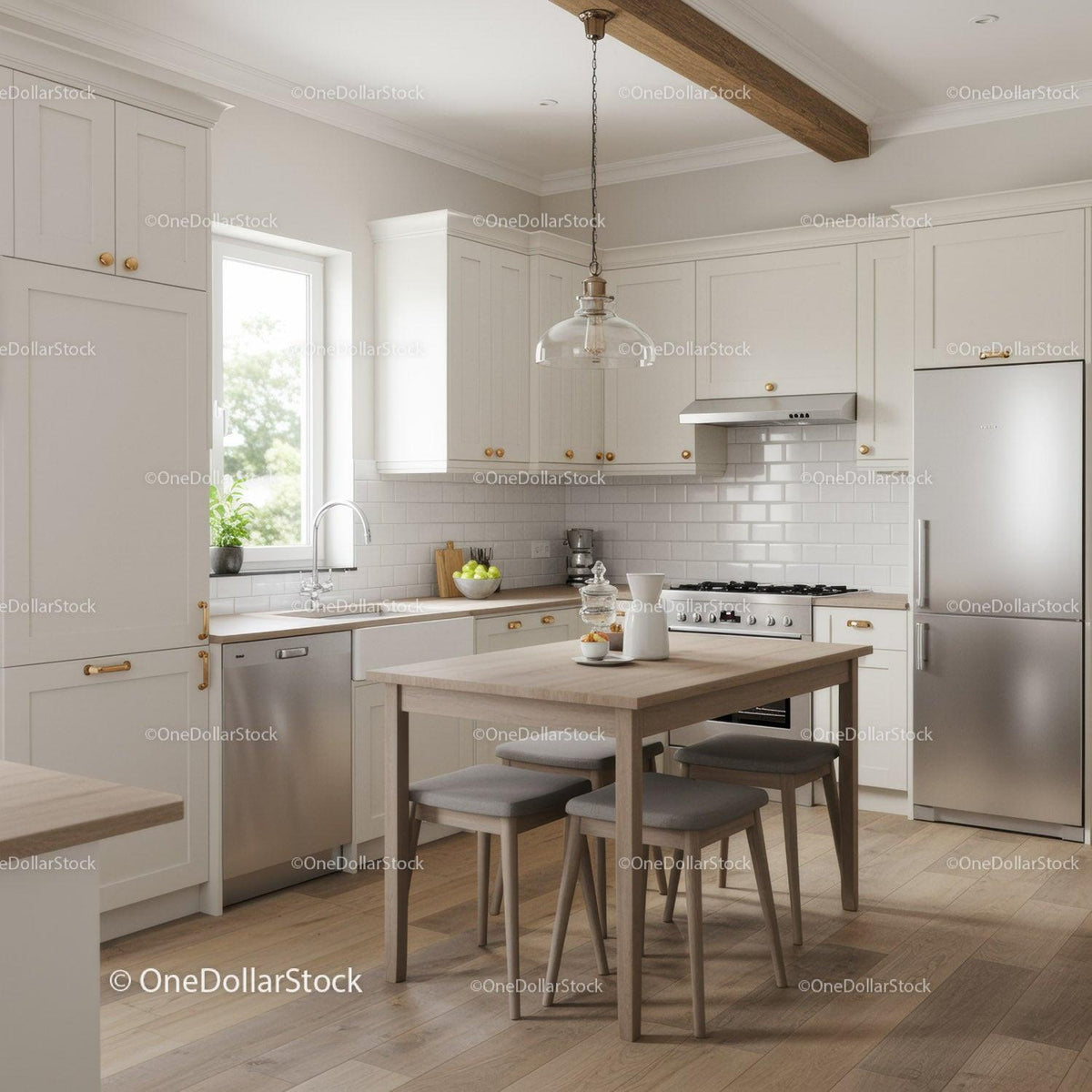Bright Modern Kitchen with White Cabinets and Wooden Dining Table