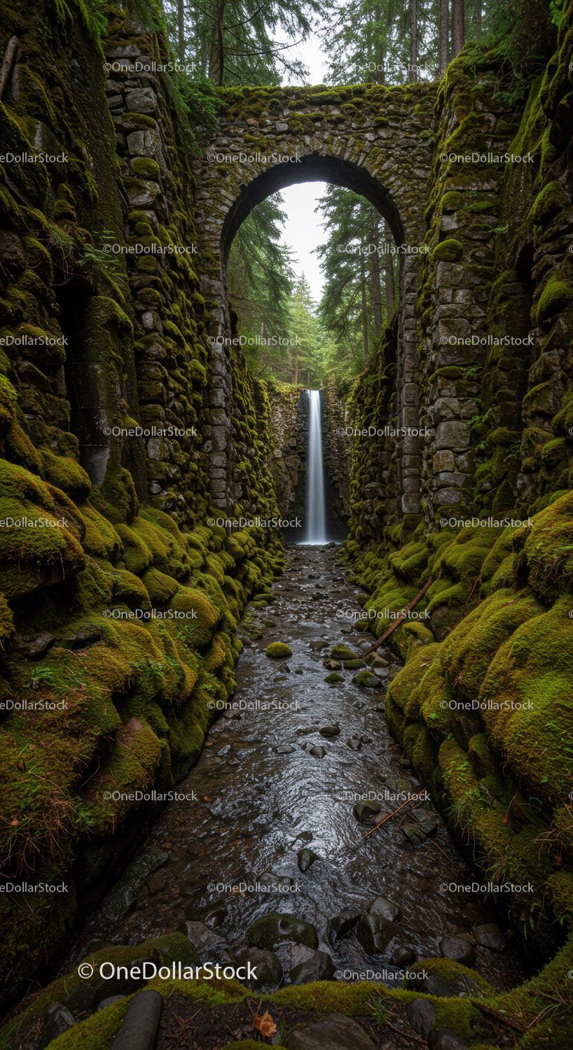 Mossy Stones and Waterfall beneath Ancient Stone Bridge in Forest