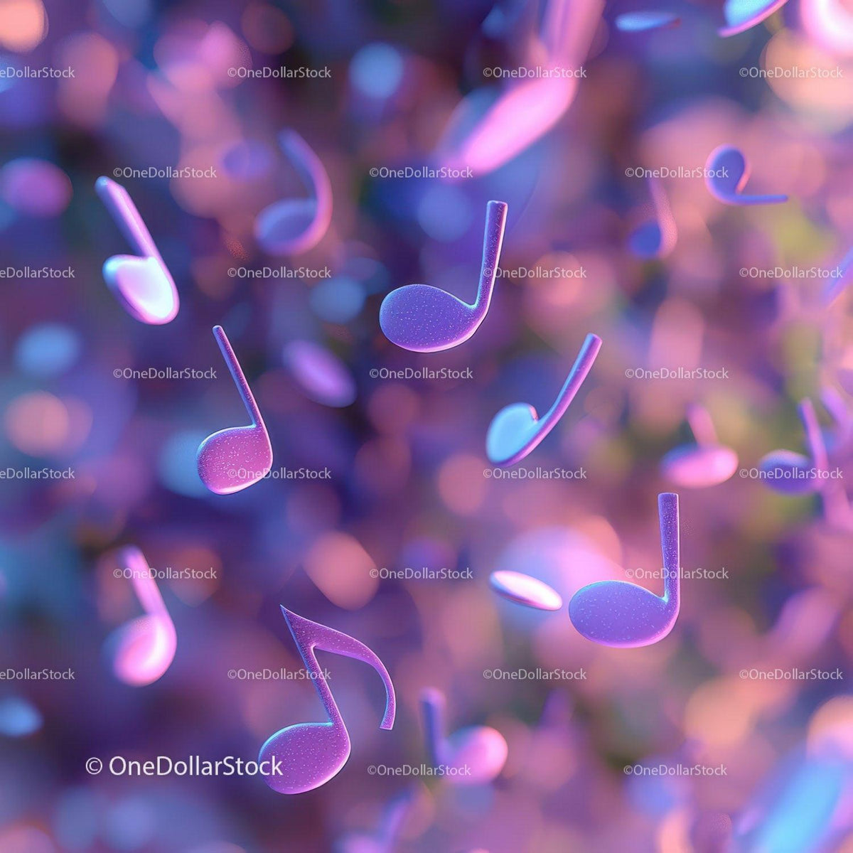 Purple and pink glowing music notes floating with blurred multicolored background