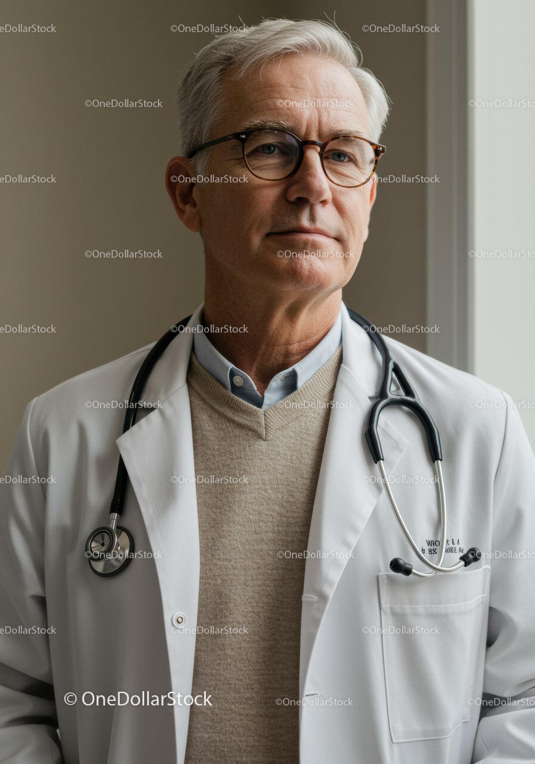 Senior Male Doctor in White Coat with Stethoscope in Clinical Setting