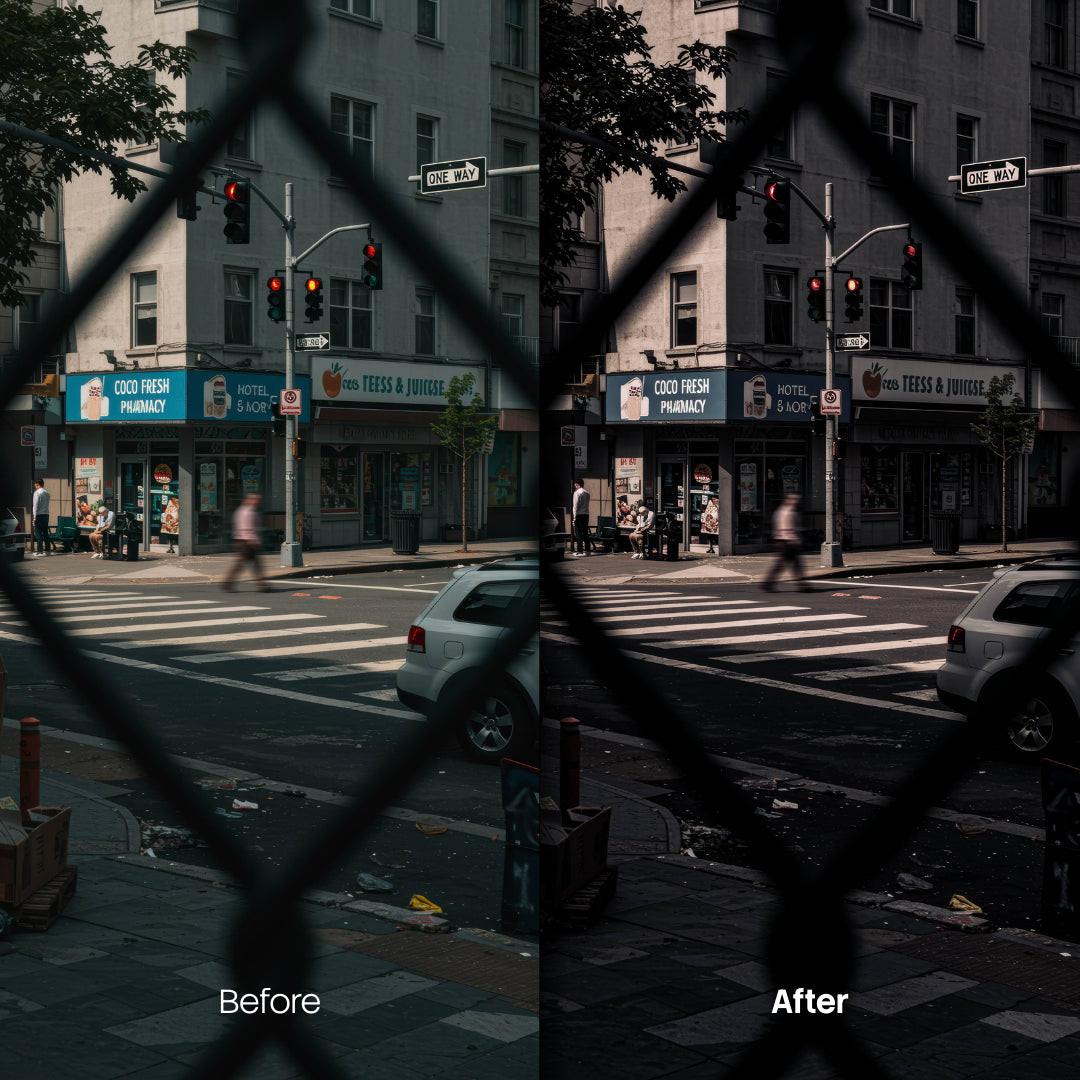 Before and after Cinematic Streets Rain Lightroom preset edit
