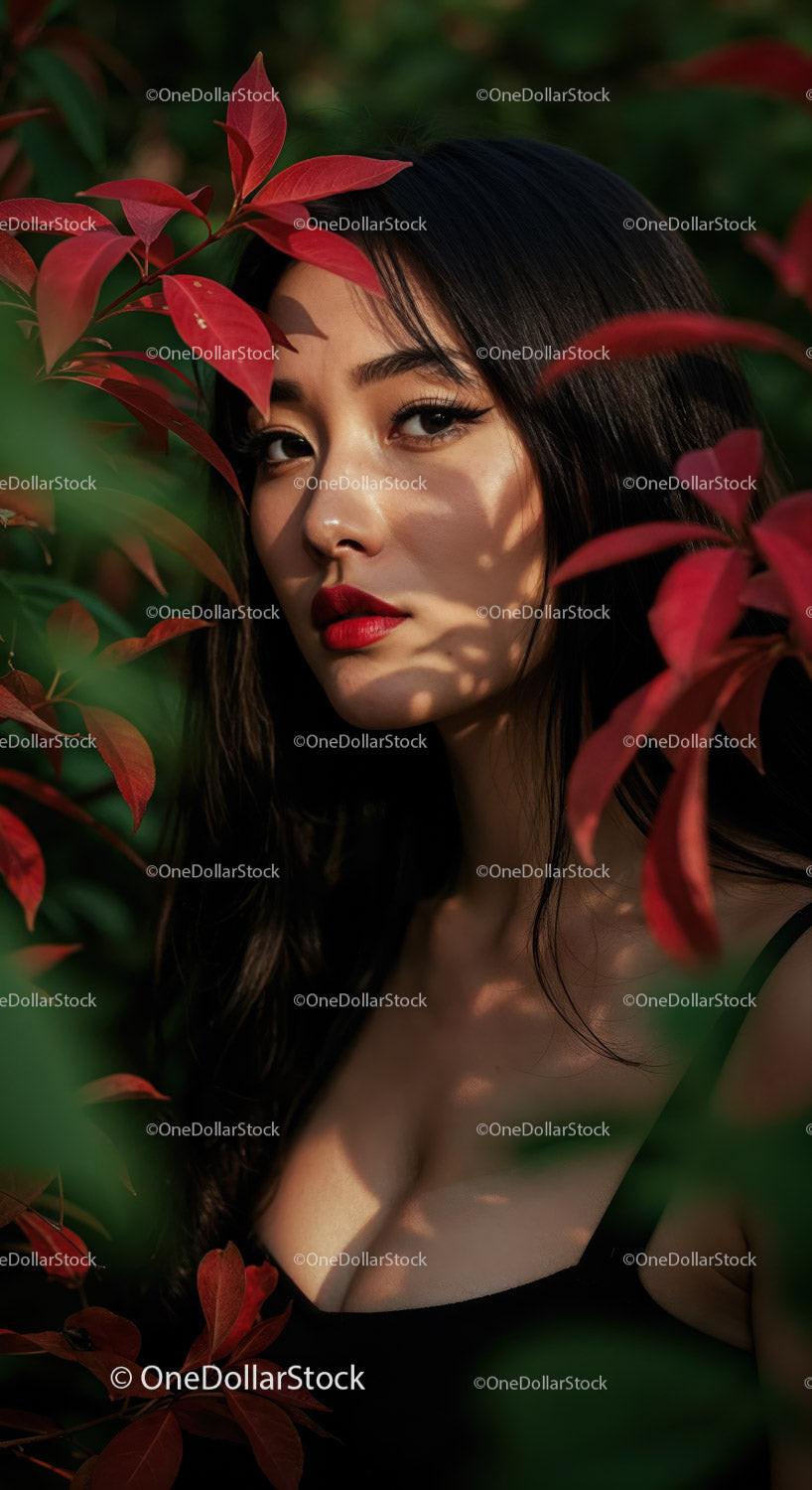 Elegant Portrait of a Woman with Red Lipstick and Autumn Red Foliage