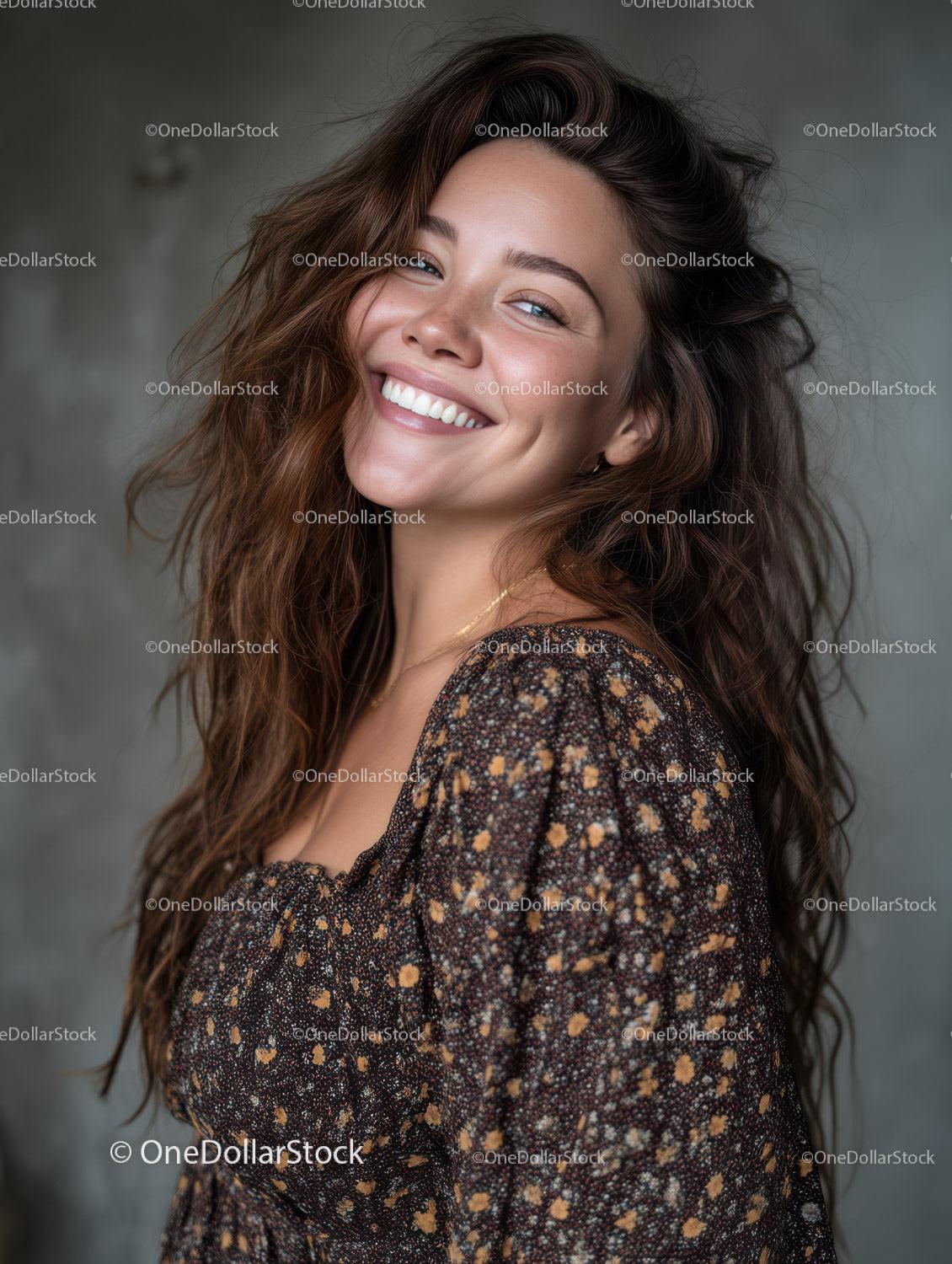 Vibrant Smile of a Young Woman with Wavy Hair Wearing Floral Top