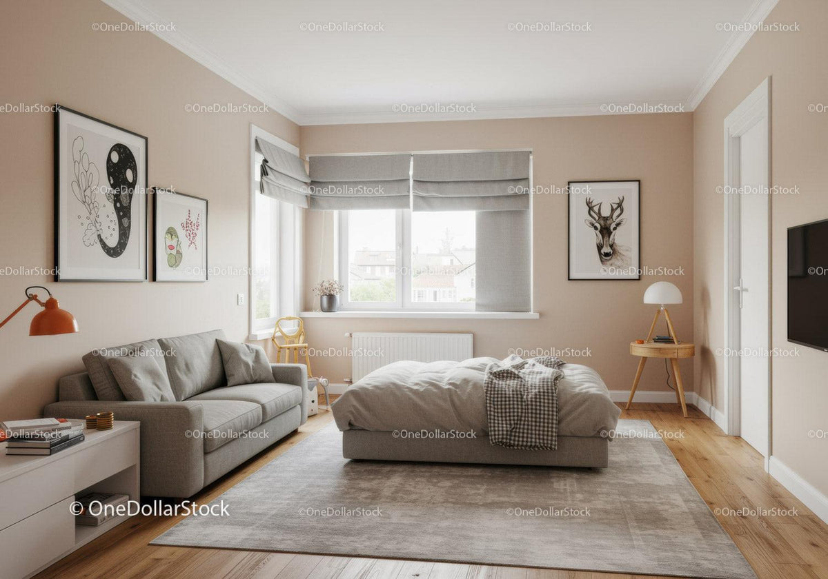 Modern Cozy Bedroom with Gray Sofa and Elegant Decor