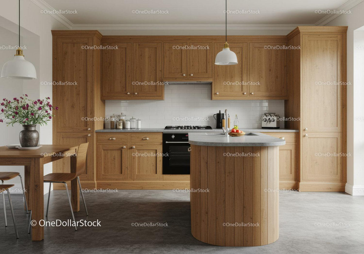 Warm Wooden Kitchen with Island and White Subway Tiles