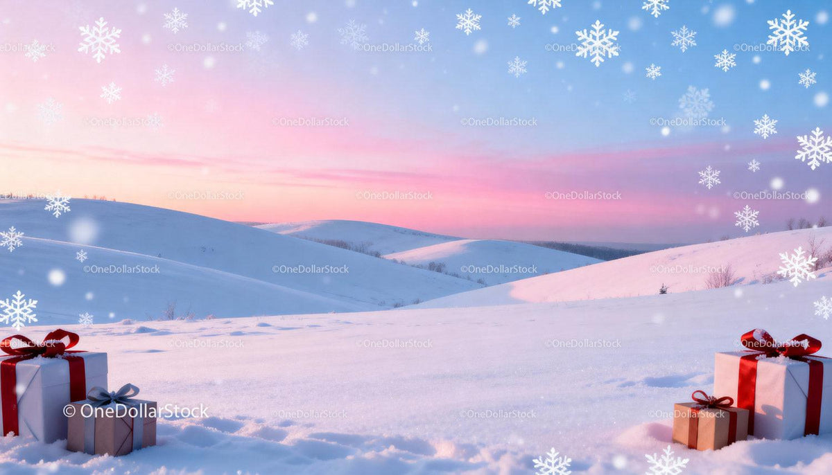 Winter gifts in snowy landscape at pastel sunset