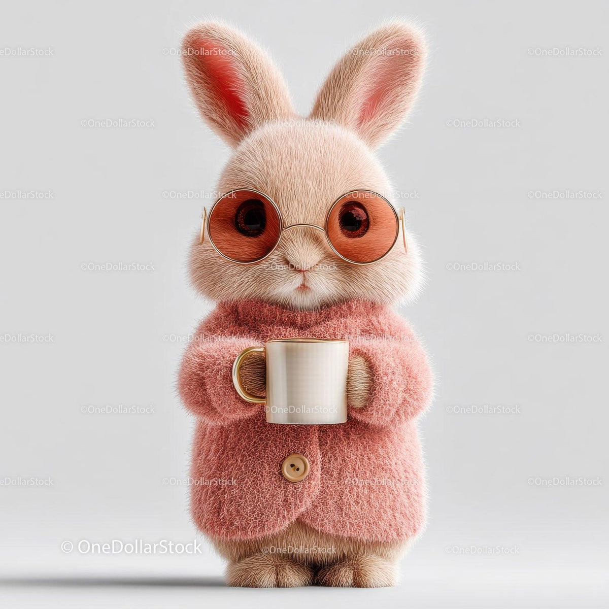 Cute Bunny Wearing Sunglasses and Cozy Pink Sweater Holding Coffee Mug Stock Photo Bundle preview 7
