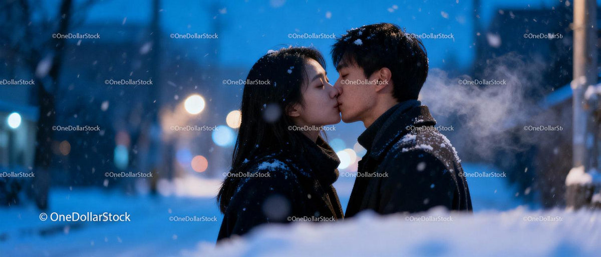 Young couple sharing a tender kiss in snowy winter night