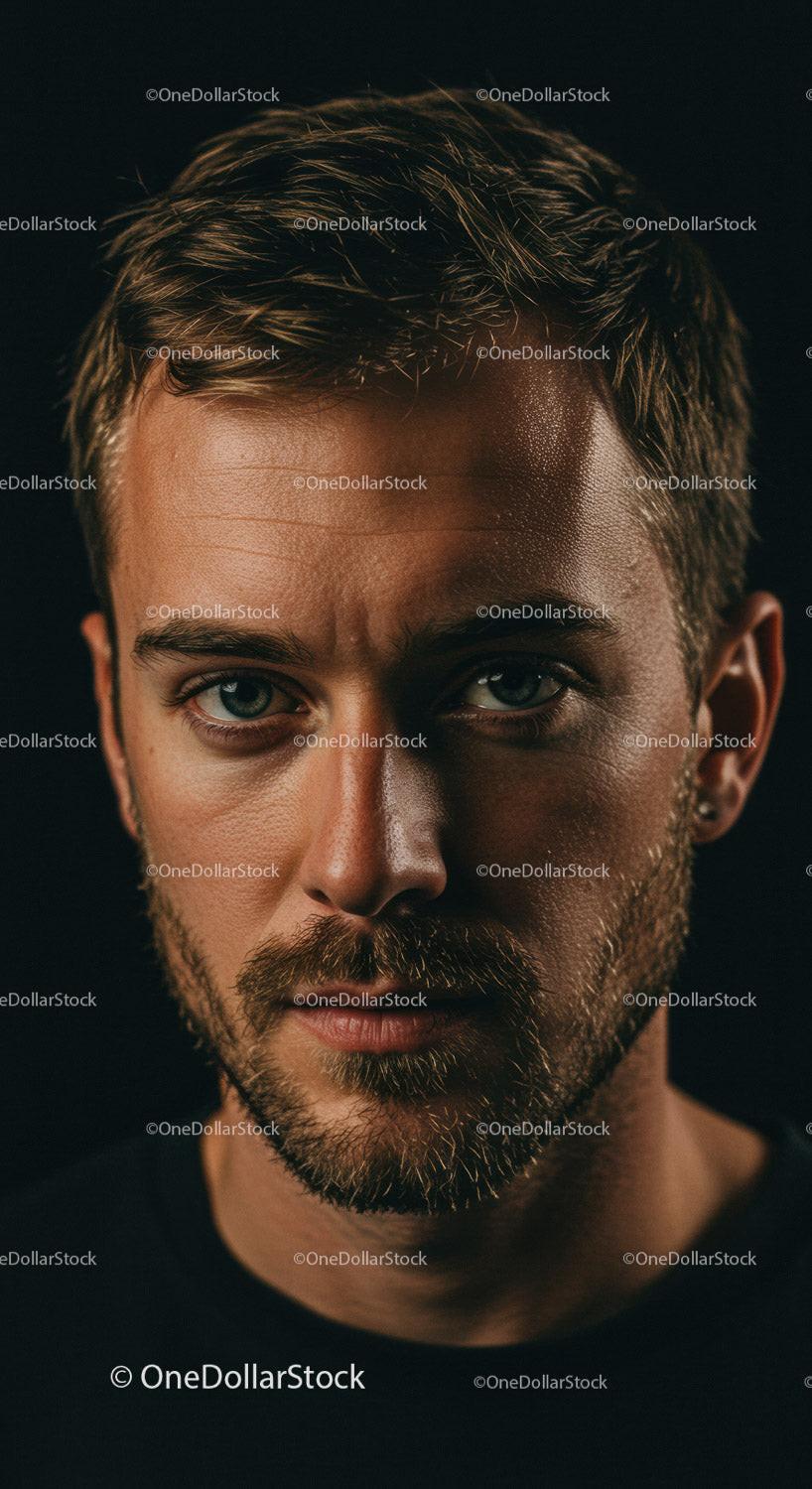 Close-up portrait of serious young man with beard