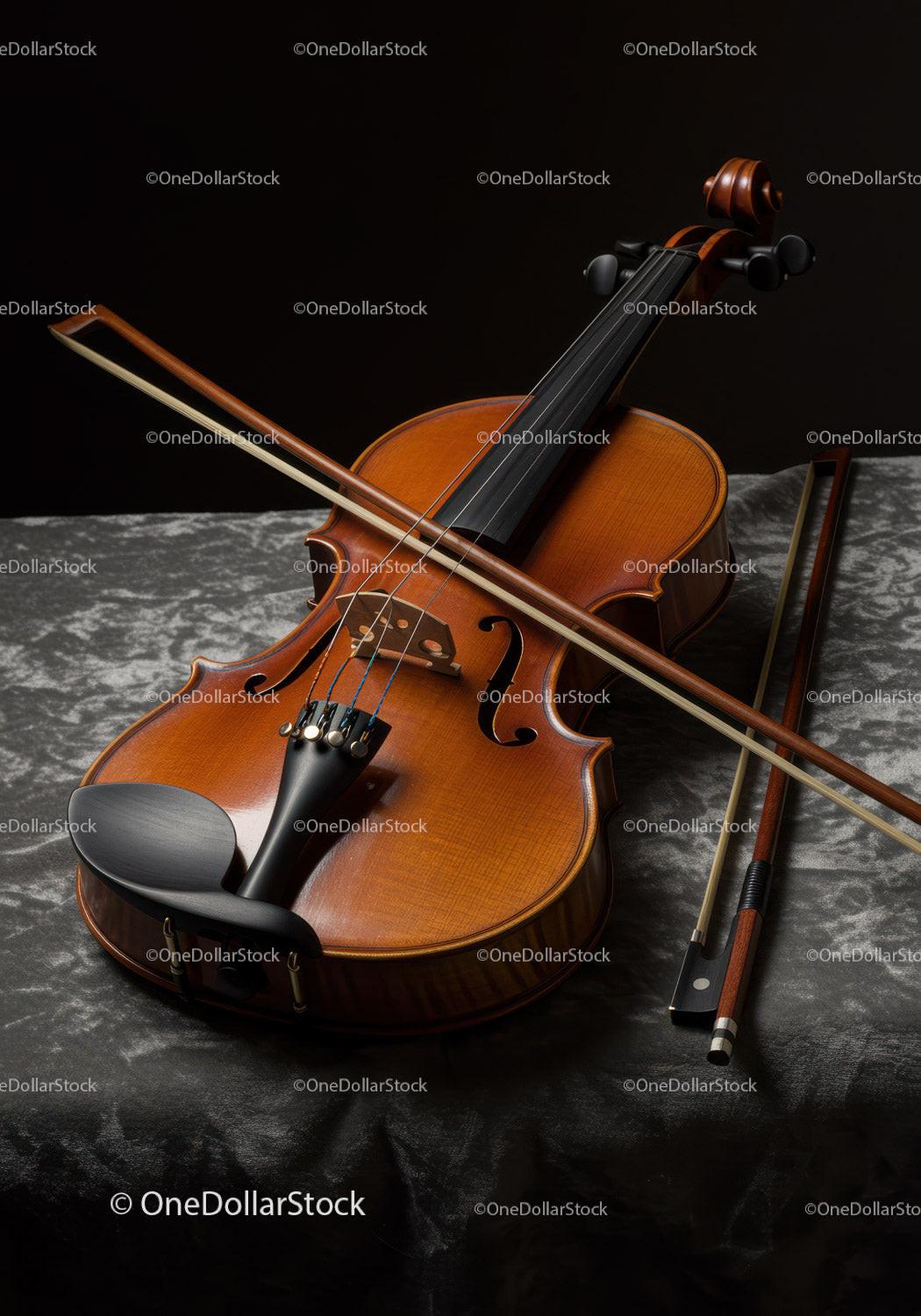 Elegant Wooden Violin with Bow on Dark Textured Surface