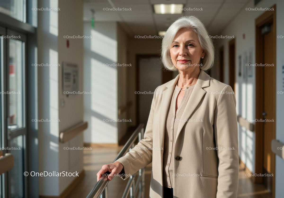 Elegant Senior Woman in Beigе Blazer Walking through Hospital Corridor