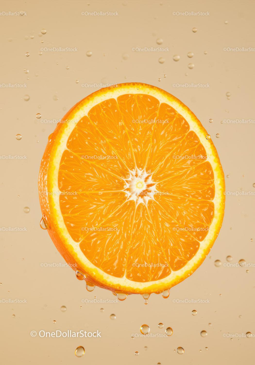 Fresh orange slice with water droplets close up