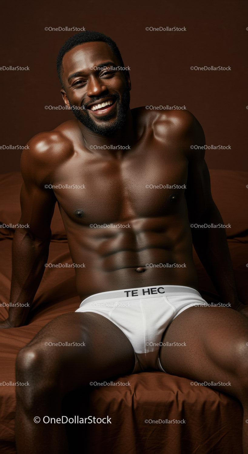 Smiling athletic man relaxing in white briefs on bed