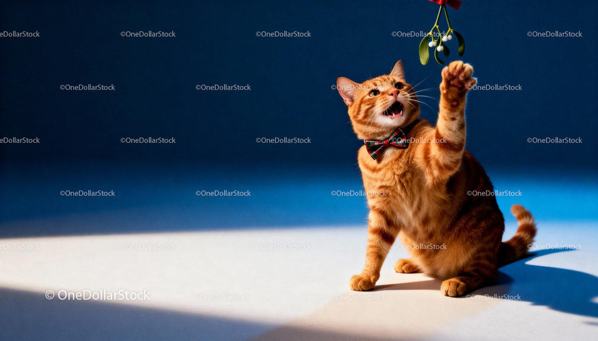 Playful orange tabby cat reaching for mistletoe