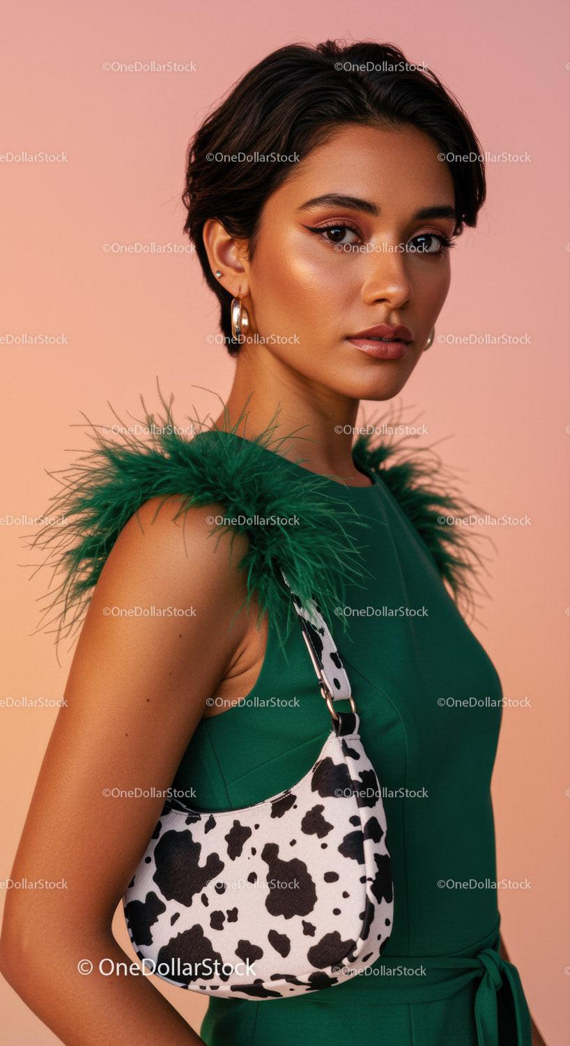 Fashionable Woman with Green Feathered Shoulder and Animal Print Handbag