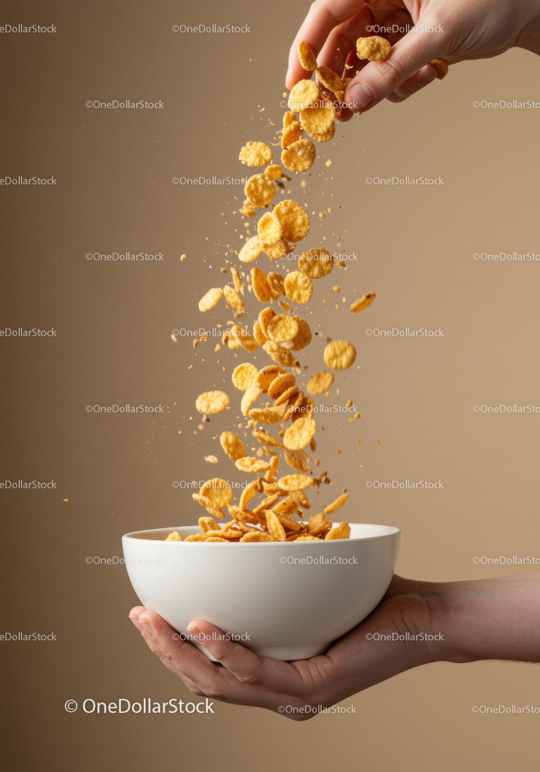Hand Pouring Crunchy Cereal Into White Bowl