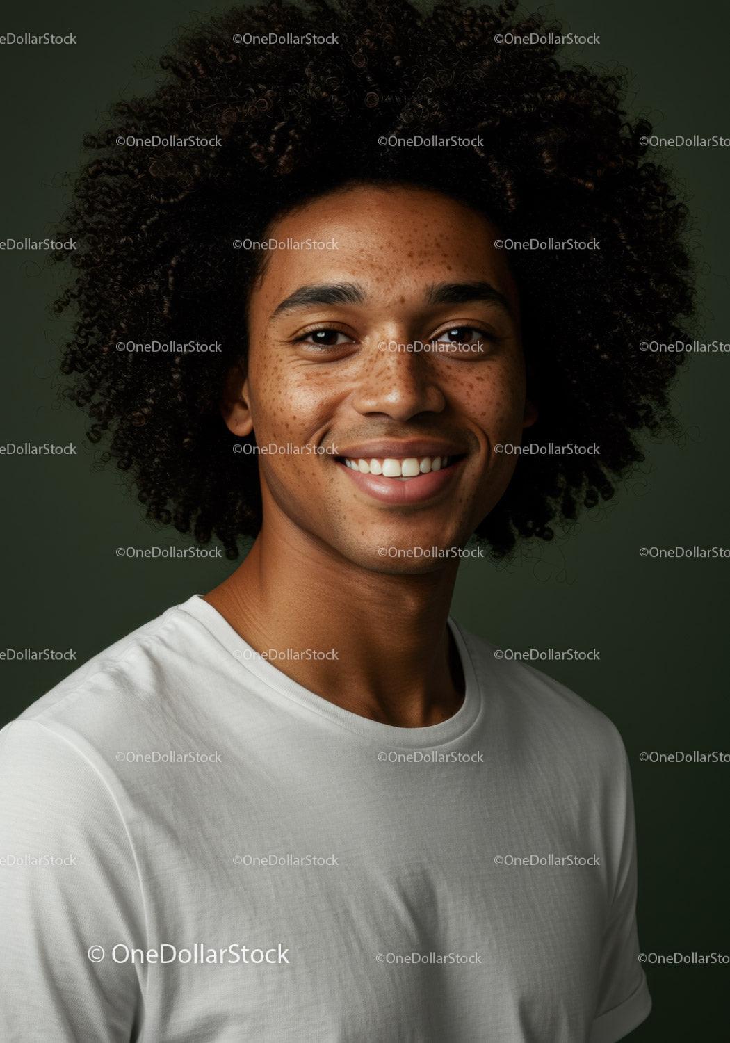 Bright Portrait of Smiling Young Woman with Curly Hair and Freckles