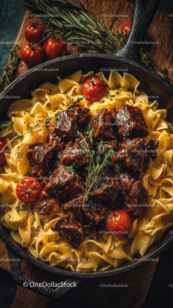 Hearty Beef and Cherry Tomato Pasta in Rustic Skillet Stock Photo Bundle creative preview 4