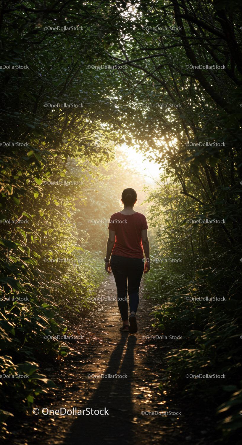 Woman walking through lush forest path at sunset