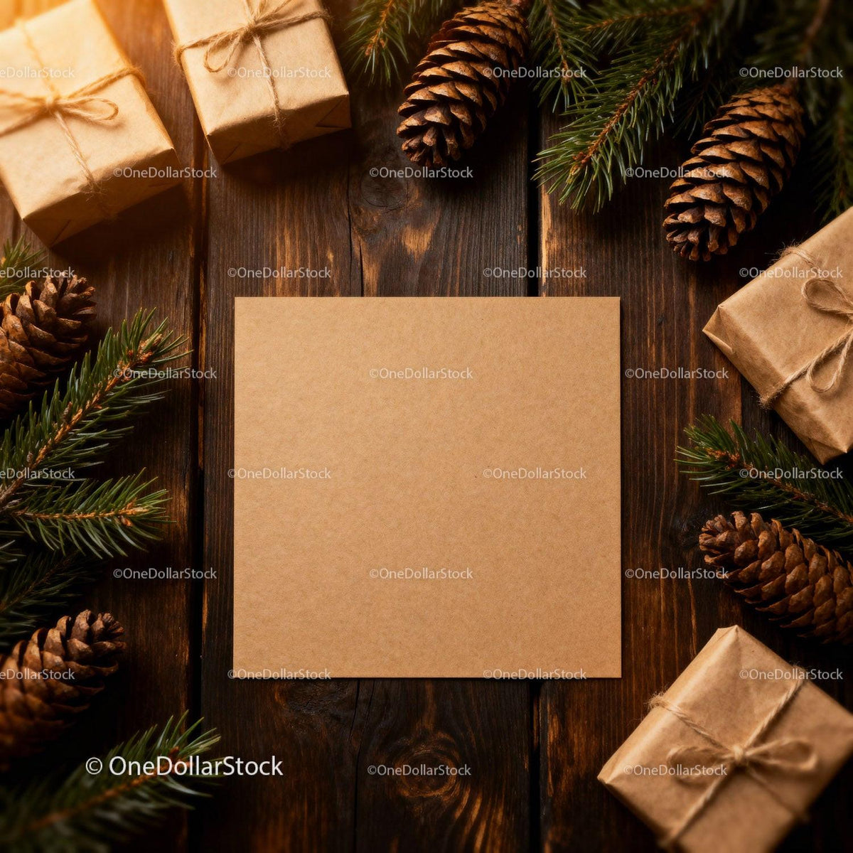 Blank Kraft Paper Card with Christmas Gifts and Pinecones JPG Mockup Image preview