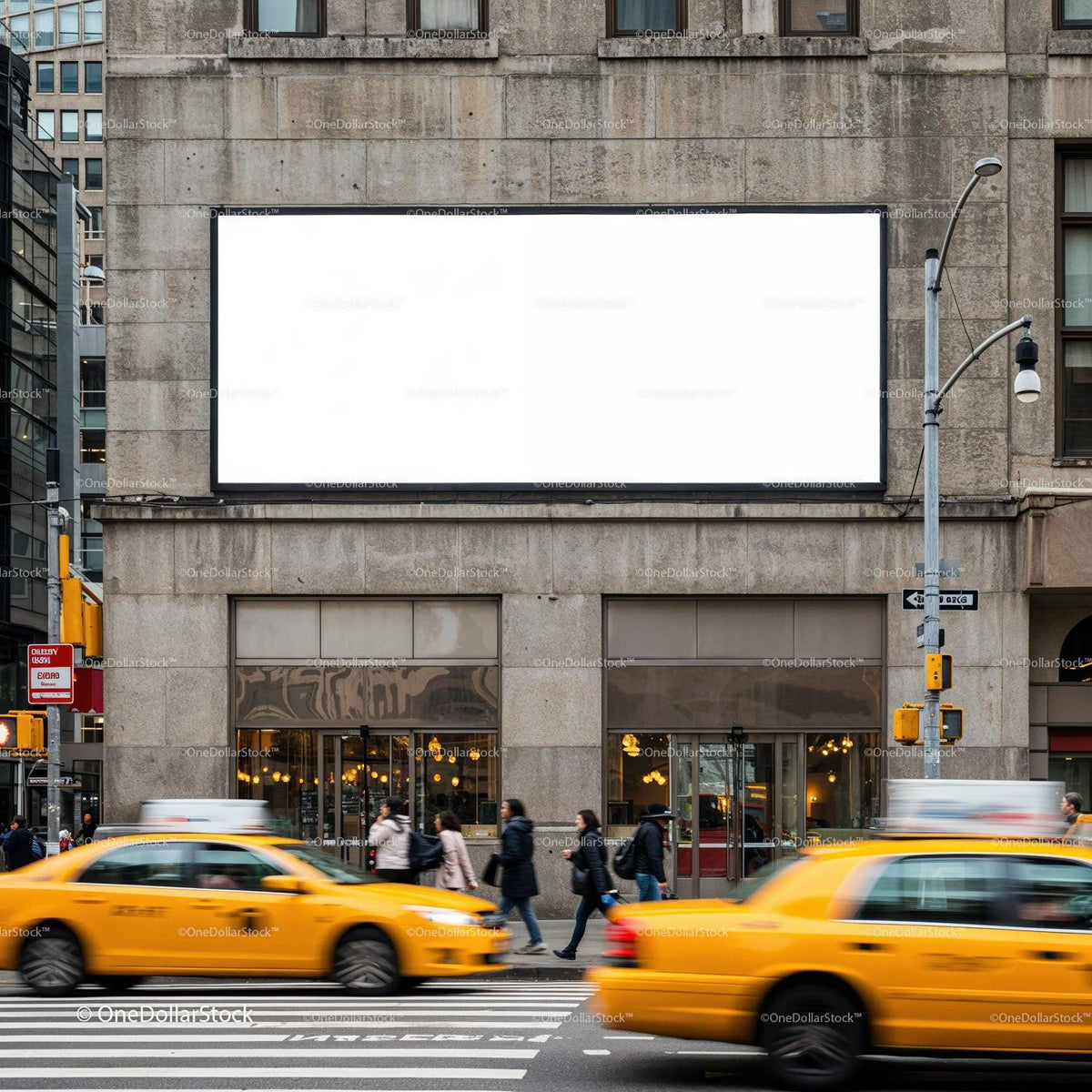 Busy urban street with yellow taxis and blank billboard JPG Mockup Image preview