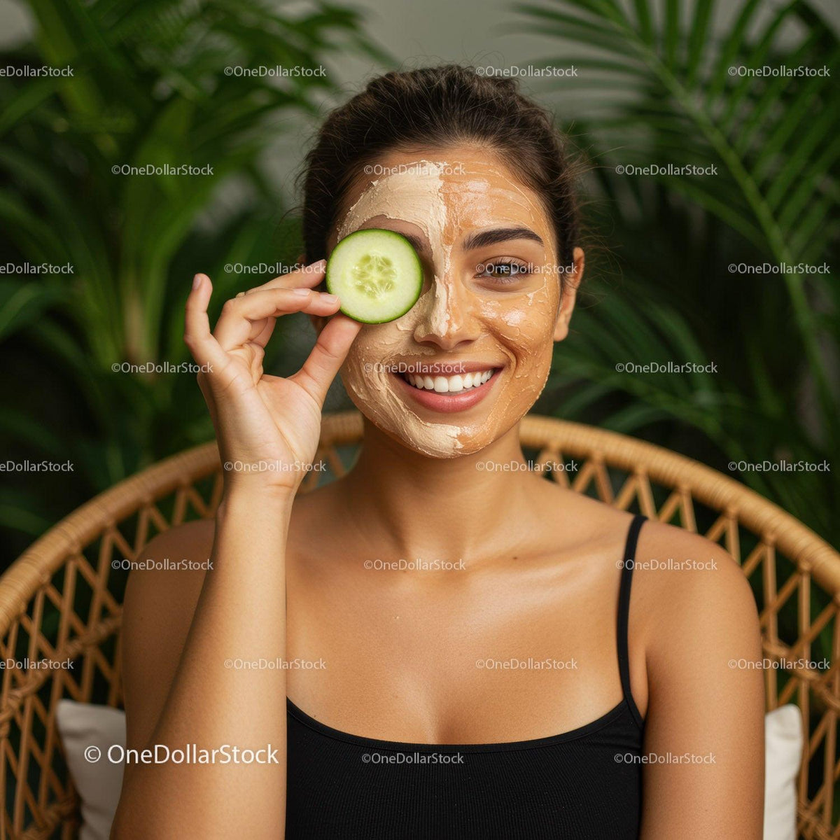 Woman with Facial Mask and Cucumber Slice Enjoying Spa Relaxation