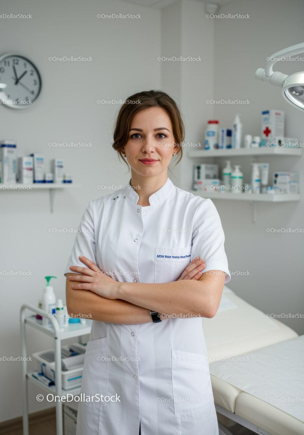 Professional Female Doctor in White Medical Coat in Clinic Setting