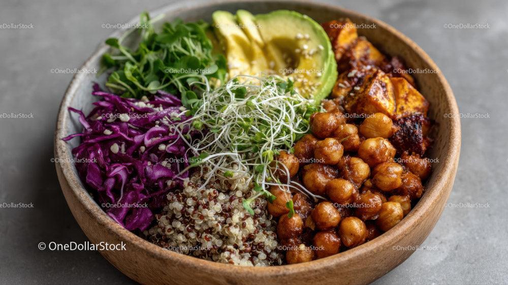 Colorful Quinoa Salad with Avocado Roasted Chickpeas and Microgreens Stock Photo Bundle preview 5