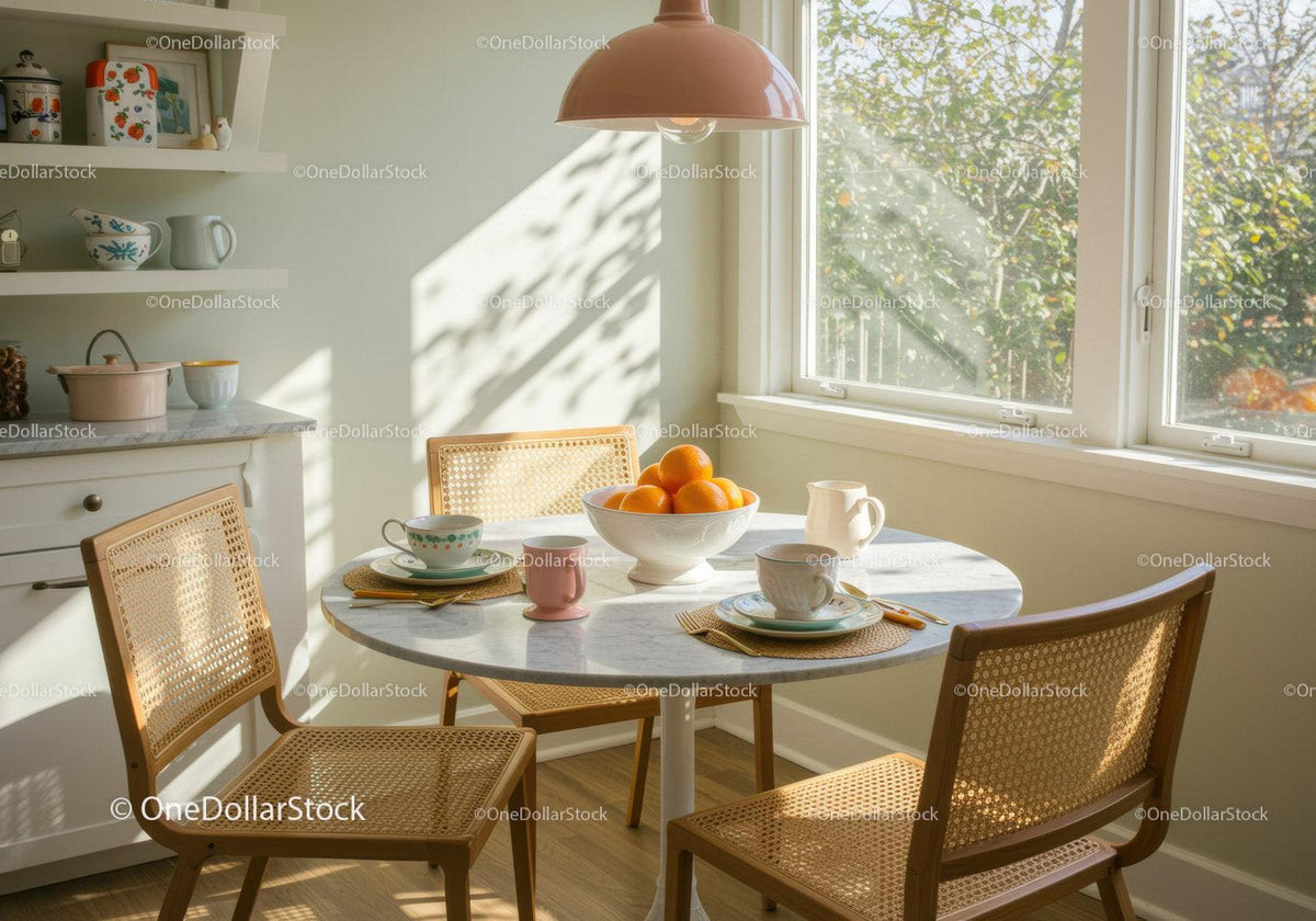 Bright kitchen corner with table set for morning coffee