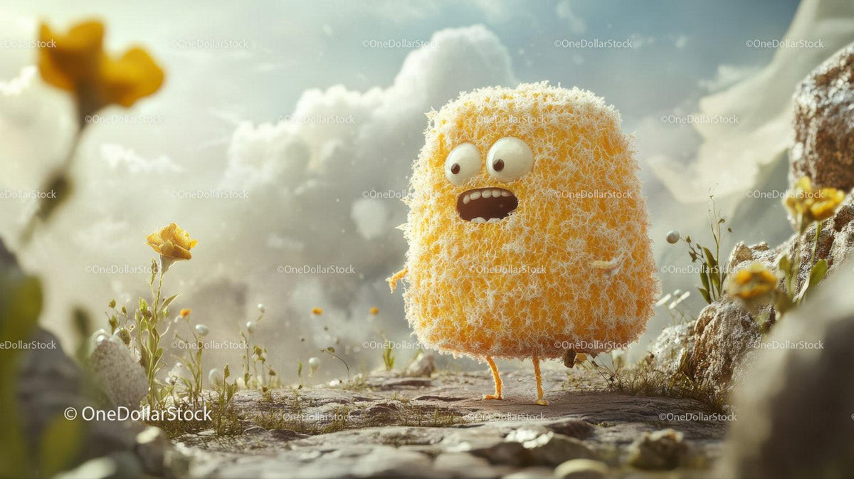 Yellow furry cube character with white eyes standing on rocky ground near yellow flowers