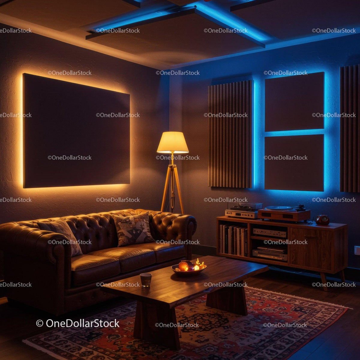 Cozy living room with warm and cool ambient lighting