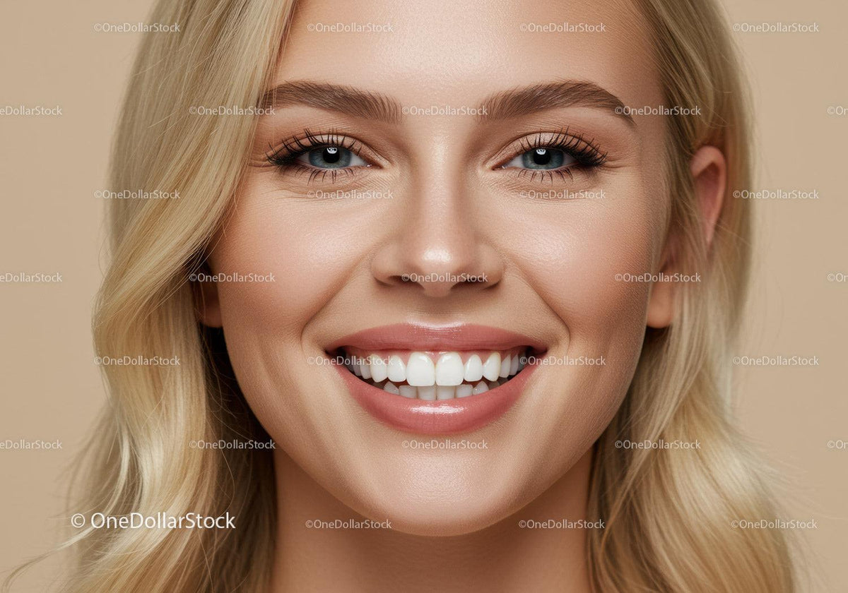 Close up of smiling blonde woman with radiant skin