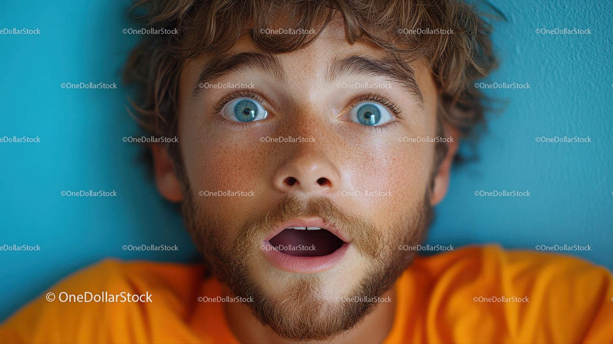 Close-up of young man with blue eyes and surprised expression on teal background