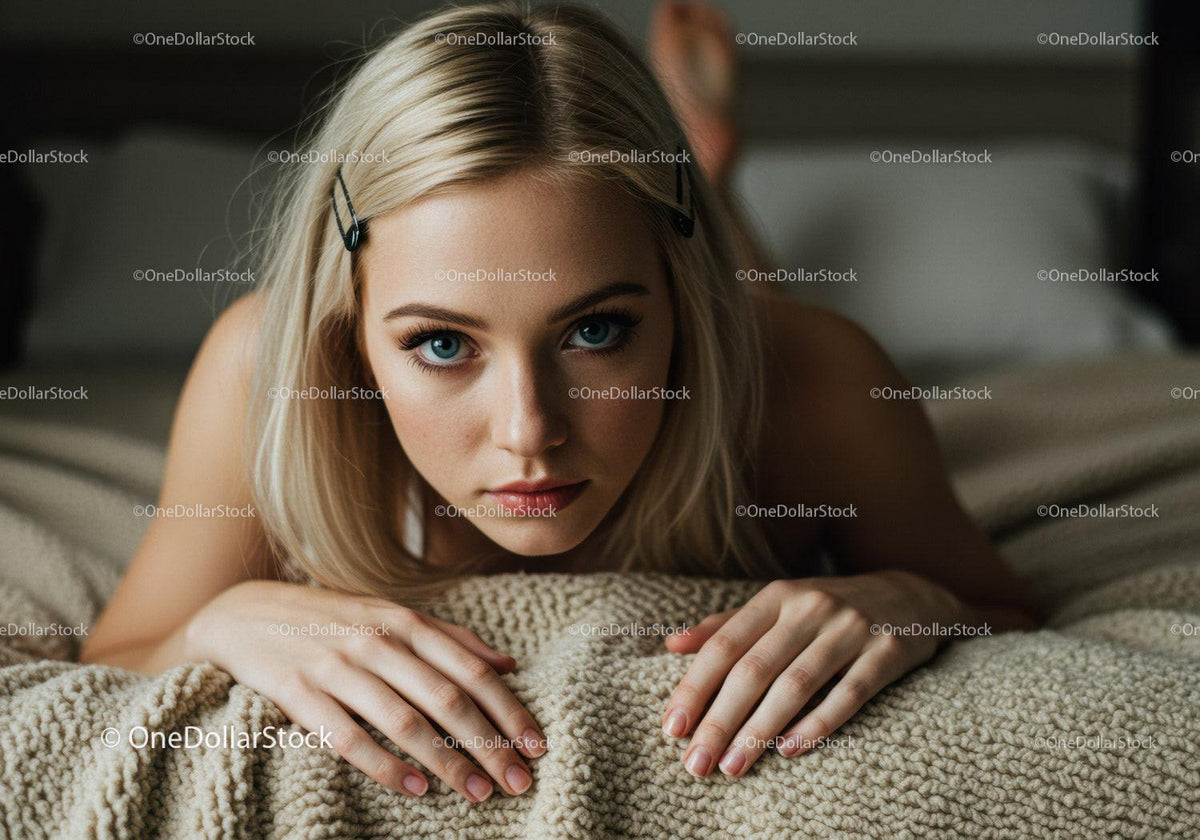 Beautiful Blonde Woman with Bright Blue Eyes Lying on Cozy Blanket