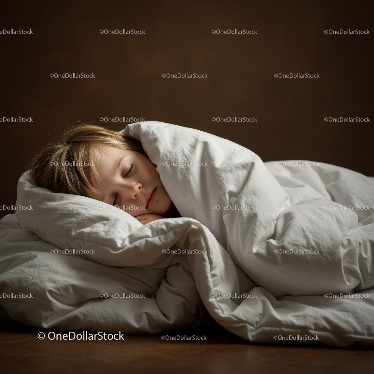 Peaceful Child Sleeping Comfortably in White Bedding