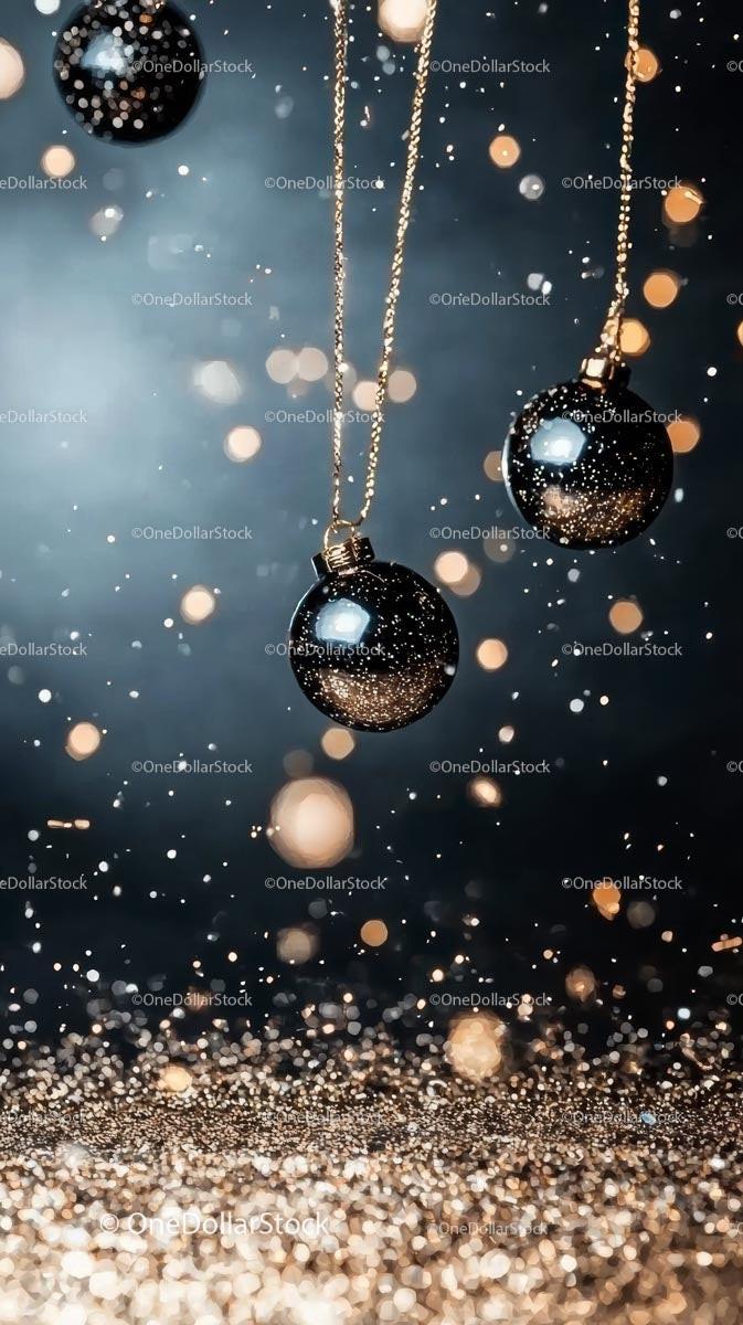 Elegant Black and Gold Christmas Ornaments with Glitter Effect