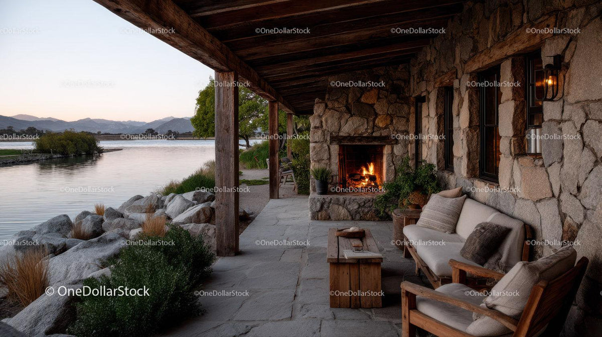 Cozy Riverside Cabin With Fireplace Overlooking Mountain Landscape Stock Photo Bundle preview 39