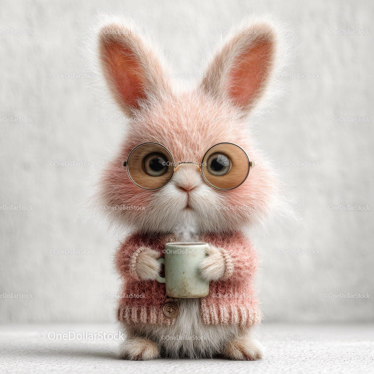 Cute Bunny Wearing Sunglasses and Cozy Pink Sweater Holding Coffee Mug Stock Photo Bundle preview 8